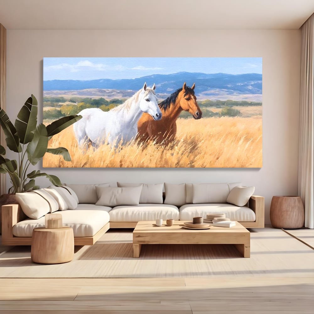 Tablou canvas cu tablou canvas cu doi cai in lan, fara rama, pe sasiu de lemn, pe perete intr-un living